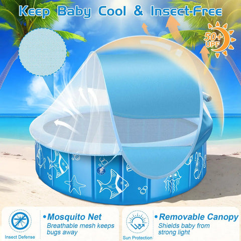 Foldable 47 Inch Kiddie Pool With Sprinkler Canopy featuring mosquito net and sun shade at the beach, ideal for backyard play.