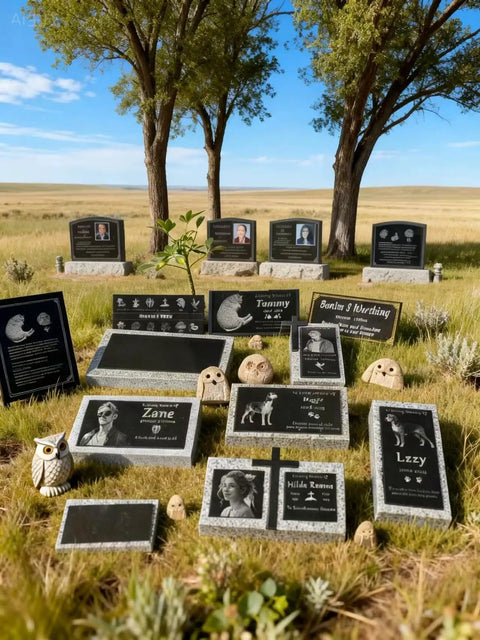 Weatherproof Custom Memorial Plaques In Black Granite With Marble Base in natural setting with trees and grassland.