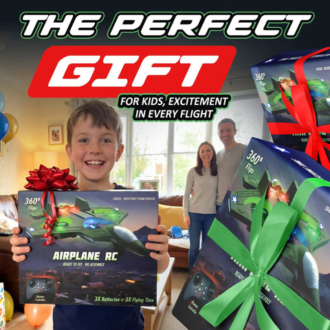Child holding a Dope RC Stunt Plane For Kids And Adults with 3x Battery Life, LED Jet Fighter, boxed, in a living room.