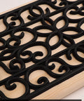 Close-up of black rubber mat with intricate design, part of Non Slip Rubber Stair Treads For Indoor Outdoor Stairs 35x10 Inches 5 Pack Anti Skid Mat Heavy Duty Safe Step Covers For Family Home And Entryways For Front Porch Stairs And Outdoor Decks Safe All Weather Grip.