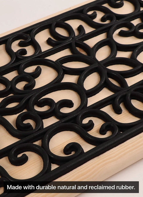 Close-up of black rubber mat with intricate design, part of Non Slip Rubber Stair Treads For Indoor Outdoor Stairs 35x10 Inches 5 Pack Anti Skid Mat Heavy Duty Safe Step Covers For Family Home And Entryways For Front Porch Stairs And Outdoor Decks Safe All Weather Grip.