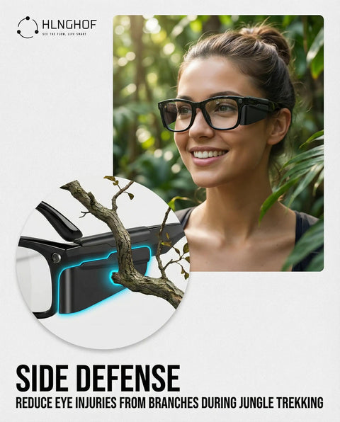 Woman wearing Side Shields For Meta Gen 2 Silicone Smart Glasses with secure clip-on design in jungle setting.