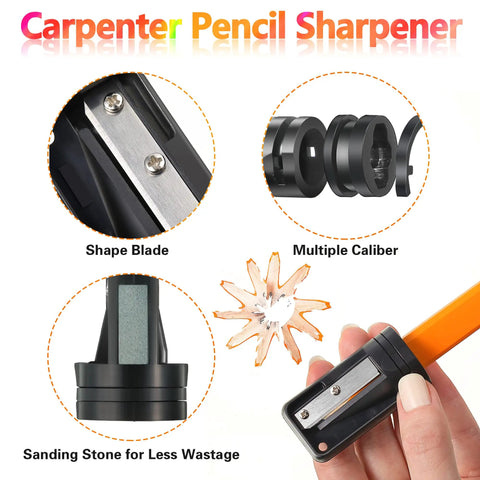 14 Piece Carpenter Pencils Set 7 Inch Flat Octagonal Heavy Duty Woodworking Pencils With Sharpener And Retractable Pen Holder For Contractors And Carpentry Yellow carpenter pencil sharpener with blade, sanding stone, and multiple caliber parts