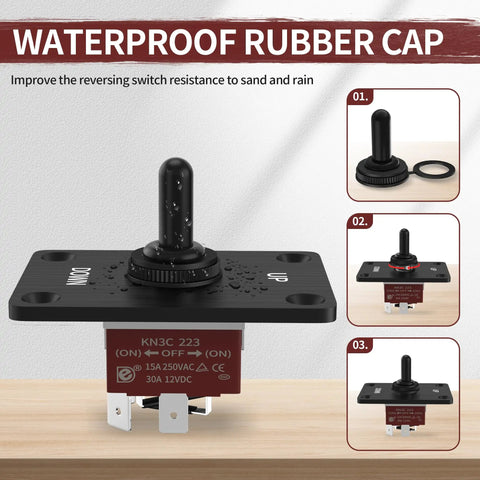 Momentary 12V DC Polarity Reversing DPDT Toggle Switch Waterproof Panel Mount display with waterproof cap focusing on details.