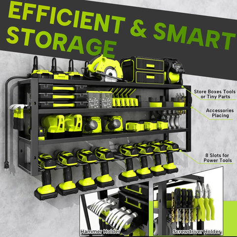 Heavy Duty Power Tool Organizer Wall Mount With Charging Station And Eight Outlet Power Strip Pro Grade Four Layer Drill Holder Screwdriver Holder Metal Garage Storage Rack Supports Up To 420 Lbs installed with tools