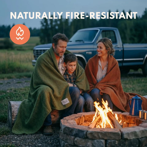 Family sitting by campfire wrapped in Extra Large Merino Wool Camp Blanket for Outdoorsy Trips, Breathable and Temperature Regulating