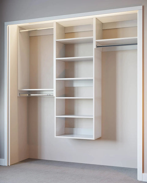 Top Tier Corner Closet Organizer Kit Featuring Dual Hanging Rods And Hella Spacious Shelf Towers For Maximizing White Storage Space Easy Install. White modular closet with shelves and dual rods.