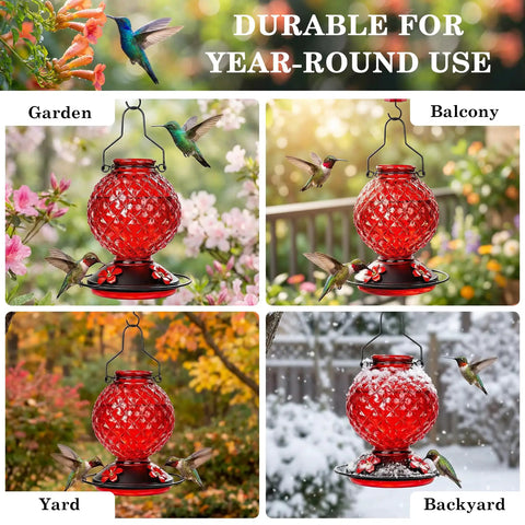 25 oz Glass Hummingbird Feeder with Ant Moat & Bee Proof Ports in garden, balcony, yard, and snowy backyard settings