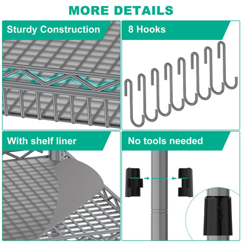 Heavy Duty 3 Tier Metal Utility Rolling Cart With Wheels For Kitchen Garage Office And Commercial Use, assembly details