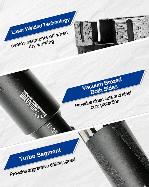 Pro Grade Diamond Core Drill Bit 2 Inch 50mm showing laser welded and vacuum brazed segments with turbo segment for hard stone drilling