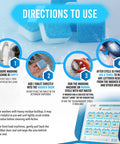 Instructions for Powerful Washing Machine Cleaner And Descaler Tablets 24 Pack, steps to deep clean washers with highlighted capsules.