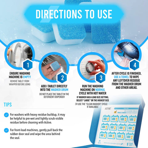 Instructions for Powerful Washing Machine Cleaner And Descaler Tablets 24 Pack, steps to deep clean washers with highlighted capsules.