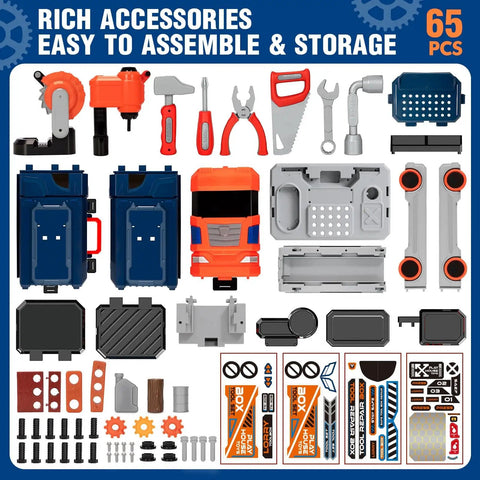 Ultimate Kids Tool Bench Set With Realistic Drill And Power Saw For Tiny Builders Aged 3 To 8, 65-piece tool parts layout