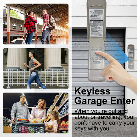 Person using Universal All In One Garage Door Opener Keypad And Remote For Old School LiftMaster Craftsman Units.
