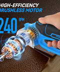 DISEN Cordless Electric Scissors With 3000Mah Lithium Battery showing high-efficiency brushless motor at 240RPM cutting leather.