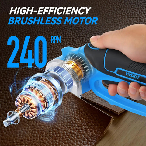 DISEN Cordless Electric Scissors With 3000Mah Lithium Battery showing high-efficiency brushless motor at 240RPM cutting leather.