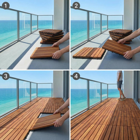 EZ-Floor Interlocking Teak Flooring Tiles With Solid Teak Wood Oil Finish Long Slat Set Of 10 Easy DIY Installation No Tools Needed For Indoor Or Outdoor Use Durable Weatherproof Deck Tiles For Patios Balconies Or Sunrooms