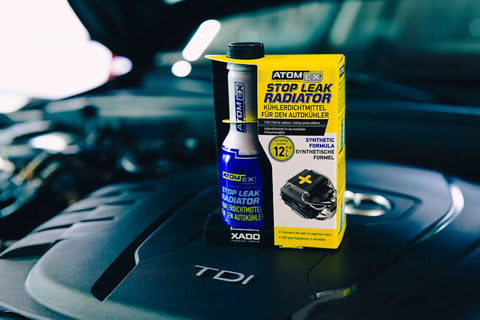 Stop Leak Radiator Coolant Additive For Cars Seals Leaks Restores Coolant Fluid Prevents Future Leaks Affordable Fix For Gasoline And Diesel Engines 250 Ml Bottle on a car engine