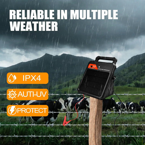 Grab-And-Go Portable Solar Fence Energizer with 10 Mile Range, 0.16J Output, Auto Night Mode mounted on a fence post in rain