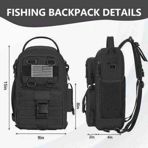 Dope Fishing Sling Backpack With Rod Holder And Gear Organizer, front and side view, water-resistant, 18L, black, measurements shown
