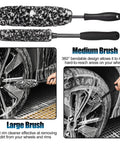 All In One Pro Grade Wheel And Tire Detailing Kit With Eight Brushes Including Four Wheel Cleaning Tools And Three Boar Hair Detail Brushes Plus A Hard Tire Scrubber Flexible Rim Cleaning Set For Cars Motorcycles And Trucks shown with medium and large brushes for wheel cleaning