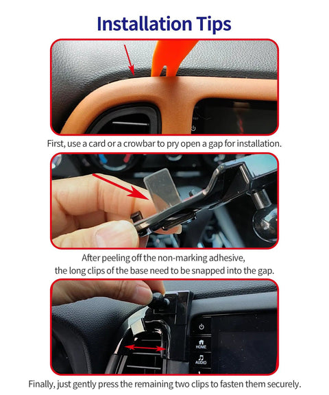 Installation tips for Hella Secure Custom Fit Car Phone Mount for Honda HRV 2016-2022 showing gap prying and clip snapping.
