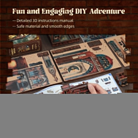 Components of Led 3D Puzzle Magic Station Book Nook Kit with wooden miniatures on a table, including detailed instructions.