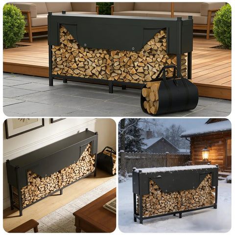 Heavy-Duty 8 Foot Firewood Rack With Weatherproof Cover And Carry Bag For Indoor Or Outdoor Use, logs organized on rack