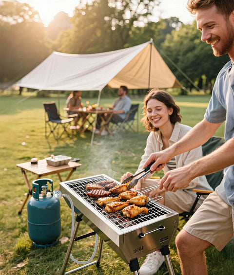 Outdoor grilling scene with a smiling couple using a grill connected to a propane tank via a six foot propane regulator stainless steel braided hose with gauge.