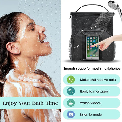 Person showering with soap and Mesh Shower Caddy Tote for Dorms and Travel, Quick Dry Hanging Toiletry Organizer beside
