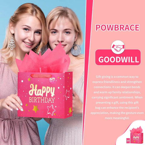 Women holding Pink Happy Birthday Gift Bag With Tissue Paper And Greeting Card For Party Medium Size Gift Bags For Men And Women Easy To Carry And Reuse Pink Hot Stamping Design 1 Pack Or 2 Pack Options