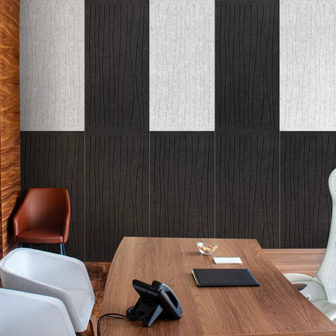 6 Pack Acoustic Wall Panels 47.2 By 23.6 Inches Black Sound Proof Panels mounted on a textured wall in an office setting.