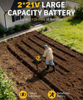 Person using Cordless Tiller With 48 Steel Tines, 9 Inch Tilling Width And 6.7 Inch Depth, Dual 3.0Ah 21V Batteries And Charger