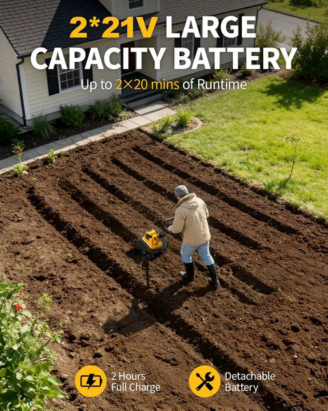 Person using Cordless Tiller With 48 Steel Tines, 9 Inch Tilling Width And 6.7 Inch Depth, Dual 3.0Ah 21V Batteries And Charger