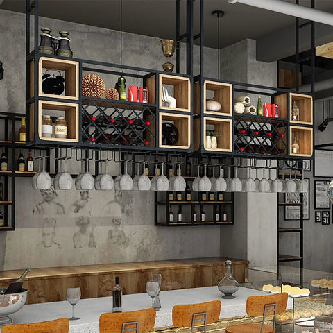 Industrial Iron And Raw Wood Wall Mounted Wine Rack, Heavy Duty Hanging Bottle Holder with organized glassware display.