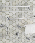 Bathroom wall with mounted Townsend 24 Inch Double Towel Bar In Brushed Nickel Built From Durable Brass showing double towel storage.