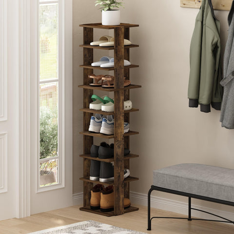 Wooden nine tier slim vertical shoe rack for small spaces free standing narrow organizer in entryway with shoes and potted plant