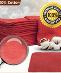 Pro Grade Auto Shop Towels 100 Pack Red 100 Percent Cotton Lint Free Shop Rags For Wet Or Dry Use, stack with cotton plant and magnified texture