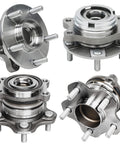 4 Pack Front And Rear Wheel Bearing Hubs For Nissan Altima 2007 To 2019 Maxima 2009 To 2019 Pathfinder 2013 To 2019 Murano 2015 To 2019 Infiniti QX60 2014 To 2019 JX35 2013 5 Lug FWD Replacement Kit, side and front view of metal hub assemblies