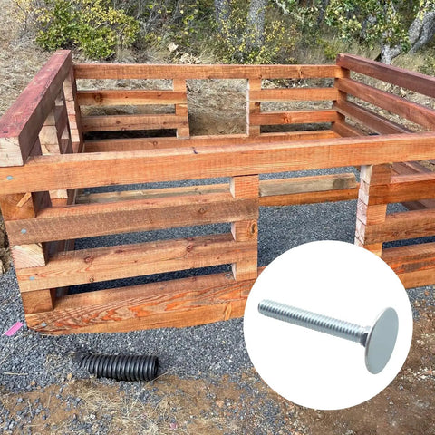 Badass Zinc Plated Steel Elevator Bolts With Flat Washer Heads Providing Heck Of A Grip For Heavy Wood Construction And Deck Building 1/4-20 X 2 Inch Fasteners Pack Of 20 next to wooden frame.