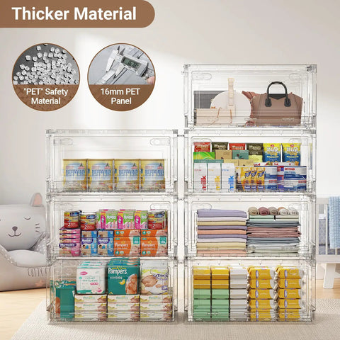 Premium Clear Storage Bins With Smooth Rolling Wheels, Foldable Closet Organizers For Home Office Or Garage, Stacking Drawers That Are A Total Game Changer, Hella Sturdy 4 Pack filled with various items.