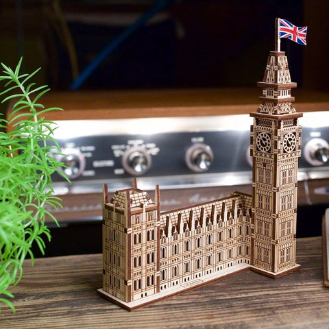 Big Ben 3D Puzzle Kit With 63 Pieces 7.12 Inch Brown Wooden Model Of Parliament Clock Tower DIY Wood Craft For Builders And History Buffs Dope And Easy Addictive Home Display Or Desk Decor., brown wooden Big Ben 3D puzzle with Parliament Tower and UK flag on desk