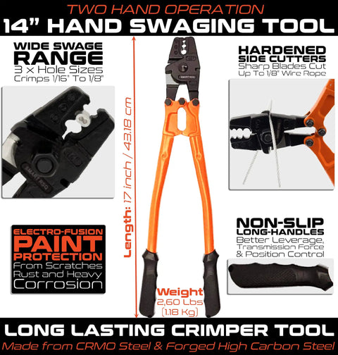 Heavy Duty 14 Inch Hand Swaging Crimping Tool With No Slip Handles For Easy Leverage Crimps On Stainless Steel Copper Aluminum