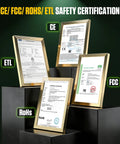 Certificates showcasing CE, FCC, RoHS, and ETL safety certifications for the 30A 24V Forklift Battery Charger For Scissor Lift And Electric Pallet Jack Smart Automatic 24V Lead Acid Battery Charger With IP67 Waterproof Rating Three Connections Three Color Indicator Recharges 100Ah In About Four Hours.