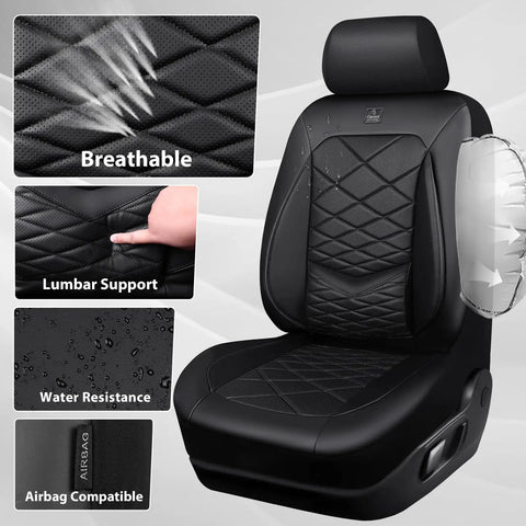 All Black Premium Nappa Leather Front Seat Covers with 3D Foam Waterproof and Breathable Lumbar Support Airbag Compatible