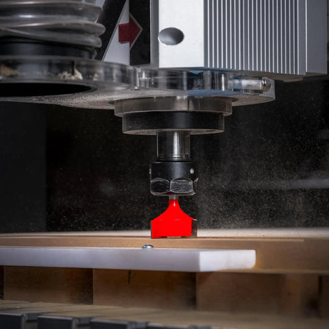 Killer 12 Piece CNC Router Bit Set Featuring Sharp Carbide Tips For Woodworking Detail Carving showing a router bit in action.