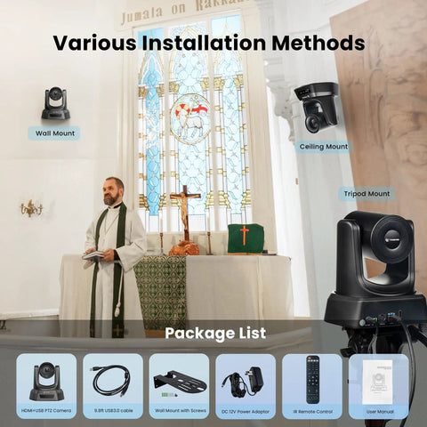 Smart PtZ Camera With 20x Optical Zoom And AI Auto Tracking Offers Crisp 1080p 60fps HDMI USB Output showing various installation options in a church.
