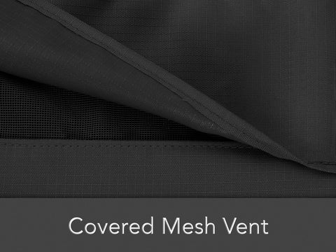 Close-up of Built Tough Bird Bath Cover, showing weather resistant Ripstop 600D polyester with covered mesh vent and stitching detail.