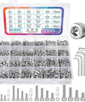 Solid Bad Ass 2000 Piece 304 Stainless Steel Hex Socket Screw Kit M2 M3 M4 M5 Metric Assortment With Nuts Lock Washers Flat Washers Plus Four Allen Wrench Keys For Any Repair Job You Gotta Fix Around House Or Workshop Today. Assorted screws, nuts, washers, and Allen keys in organizer case