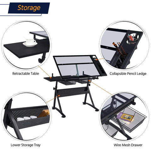 Adjustable Drafting Desk With Stool Multifunction Artist Table retractable table, mesh drawer, pencil ledge, storage tray
